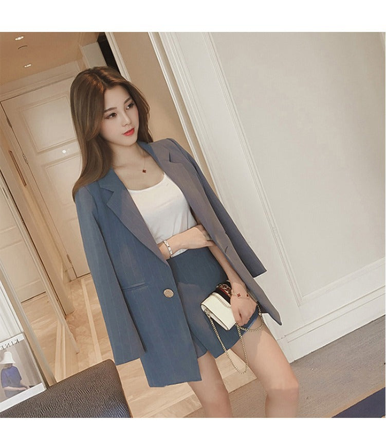 Stylish women's British casual blazer and dress set by BACKUPMYFILESNOW.COM®, featuring tailored fit and elegant design.