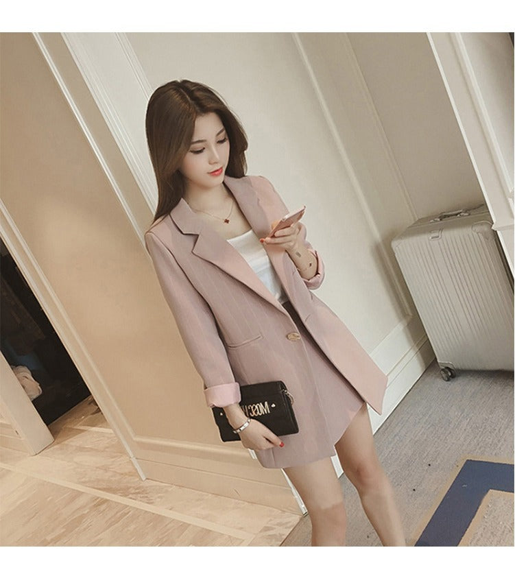 Stylish women's British casual blazer and dress set from BACKUPMYFILESNOW.COM®, featuring a fitted blazer and matching dress.