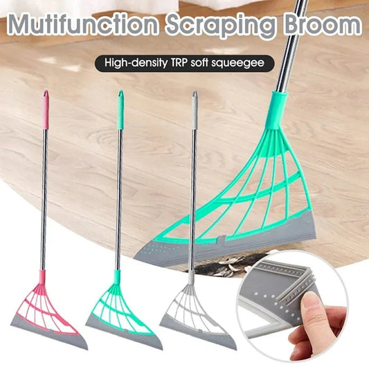 Pink silicone scraper broom and glass wiper for cleaning floors and high surfaces, ideal for household sweeping and water removal.