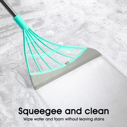 Pink silicone scraper broom and high-place glass wiper for household cleaning, bathroom sweeping, and floor mopping.
