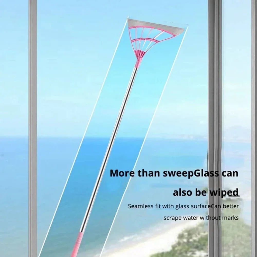 Pink silicone scraper broom and glass wiper for household cleaning, bathroom sweeping, and floor mopping.
