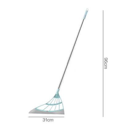 Pink silicone scraper broom with long handle, designed for cleaning high glass surfaces and floors in households.