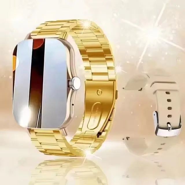 Pink BackupMyFilesNow.com smart watch with full touch screen, call and message alerts, music control, compatible with iPhone and Android.