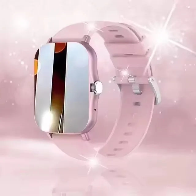 Pink BackupMyFilesNow.com smartwatch with full touch screen, call and message reminders, music control, compatible with iPhone and Android.