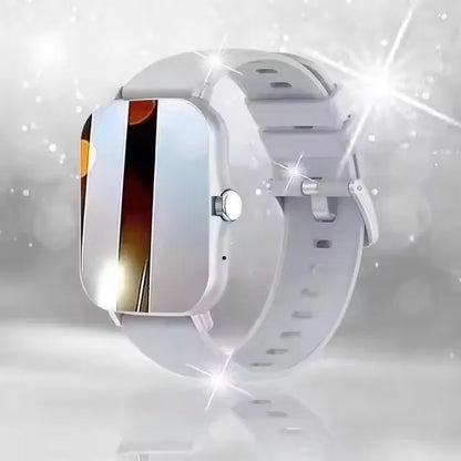 Pink BackupMyFilesNow.com smart watch with full touch screen, call, message reminders, and music control for iPhone and Android devices.