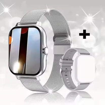 Pink BackupMyFilesNow.com smart watch with full touch screen, call, message, and music control, compatible with iPhone and Android.