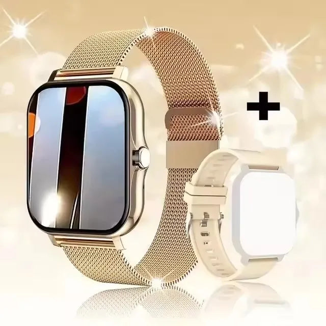 Pink BackupMyFilesNow.com smartwatch with full touch screen, call and message reminders, music control, compatible with iPhone and Android.