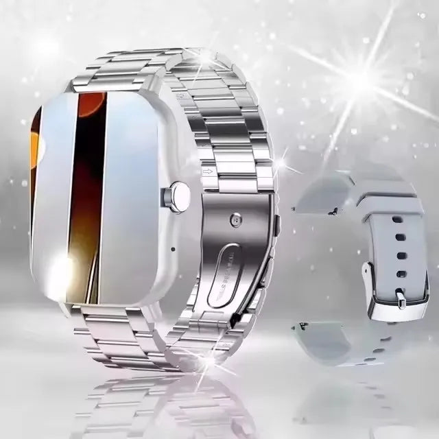 Pink BackupMyFilesNow.com smartwatch with full touch screen, call and message reminders, music control, compatible with iPhone and Android.