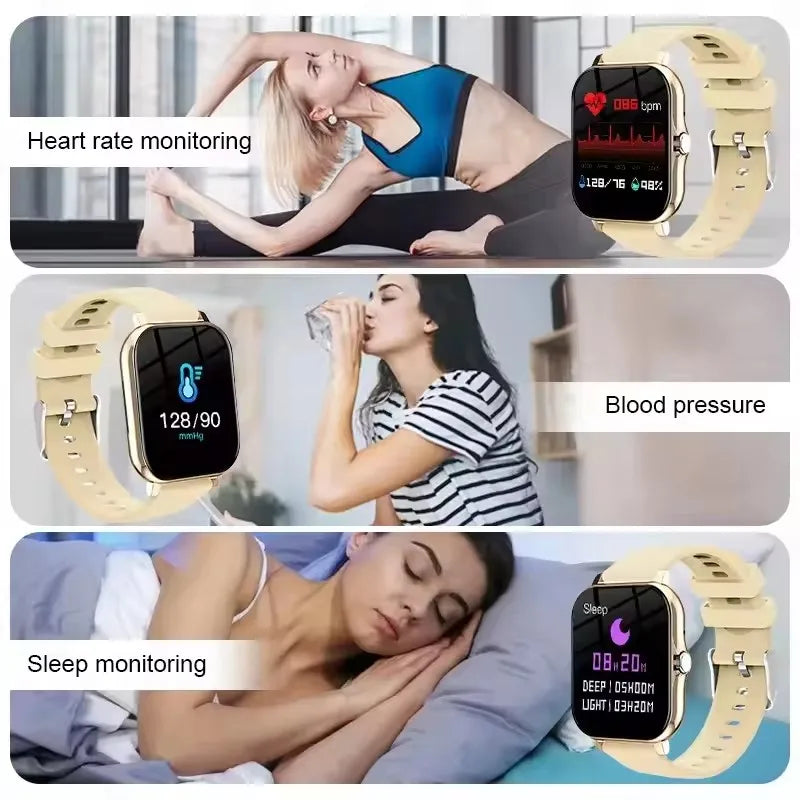 Pink BackupMyFilesNow.com smartwatch with full touch screen, call, message, and music control, compatible with iPhone and Android.