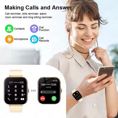 Pink BackupMyFilesNow.com smartwatch with full touch screen, call and message alerts, music control, compatible with iPhone and Android.