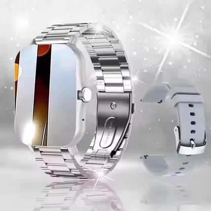 Pink BackupMyFilesNow.com smart watch with full touch screen, call and message reminders, music control, compatible with iPhone and Android.