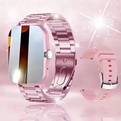 Pink BackupMyFilesNow.com smart watch with full touch screen, call and message reminders, music control, compatible with iPhone and Android.