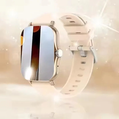 Pink BackupMyFilesNow.com smartwatch with full touch screen, call and message alerts, music control, compatible with iPhone and Android.