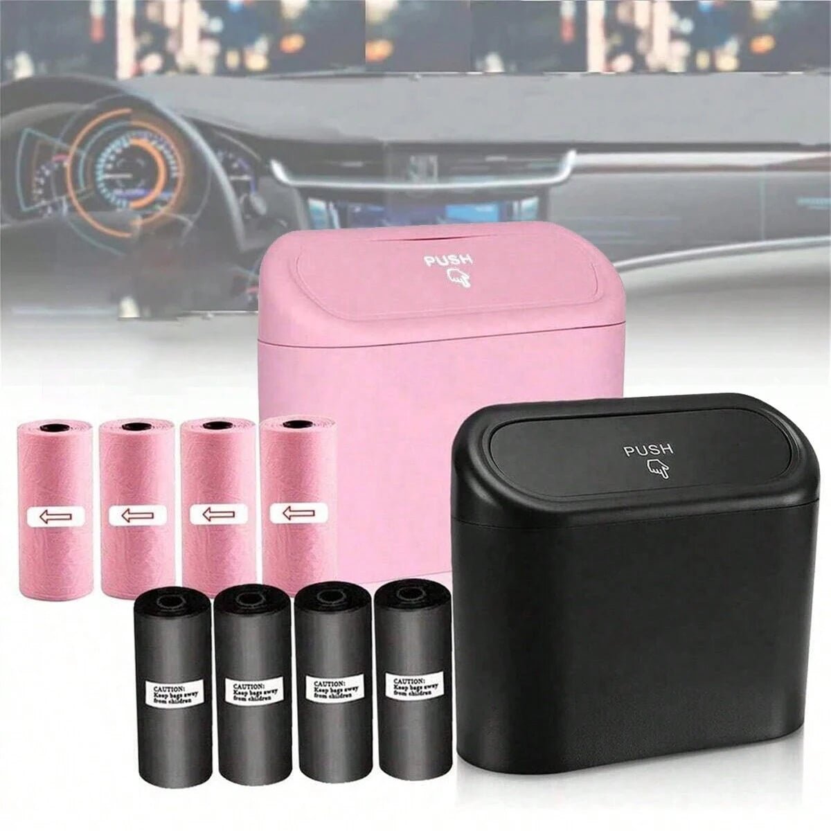 Pink car trash can with lid, leak-proof design, includes 4 rolls of garbage bags, portable hanging trash can for vehicle organization.