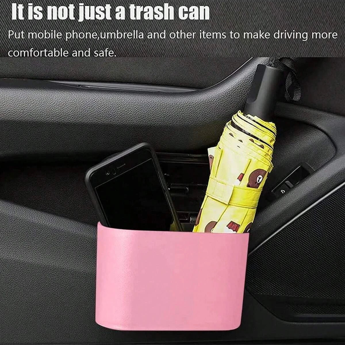 Pink car trash can with lid, leak-proof design, includes 4 rolls of garbage bags, portable hanging trash can for vehicle organization.