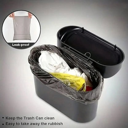 Pink car trash can with lid, 4 rolls of leak-proof garbage bags, portable hanging trash bin for vehicle organization.