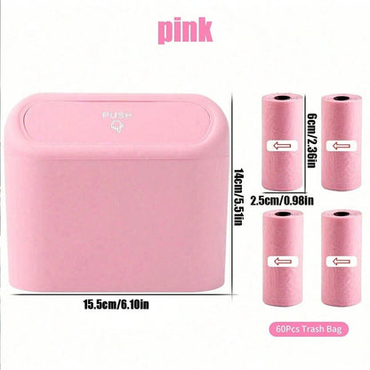 Pink car trash can with lid, includes 4 rolls of leak-proof garbage bags, portable hanging trash bin for vehicle organization.