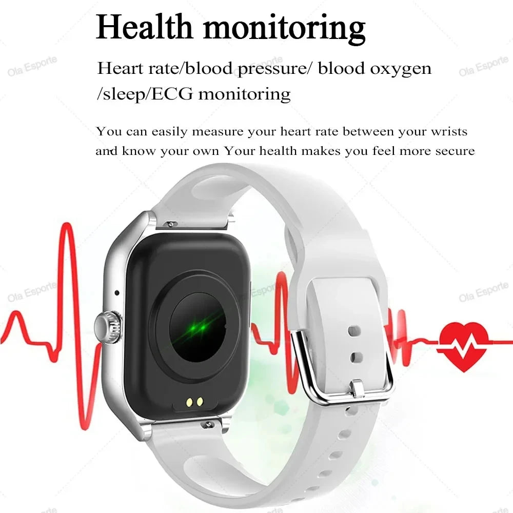 Smartwatch for Android and iOS with 1.83-inch HD display, Bluetooth calls, message alerts, and sports mode for men and women.