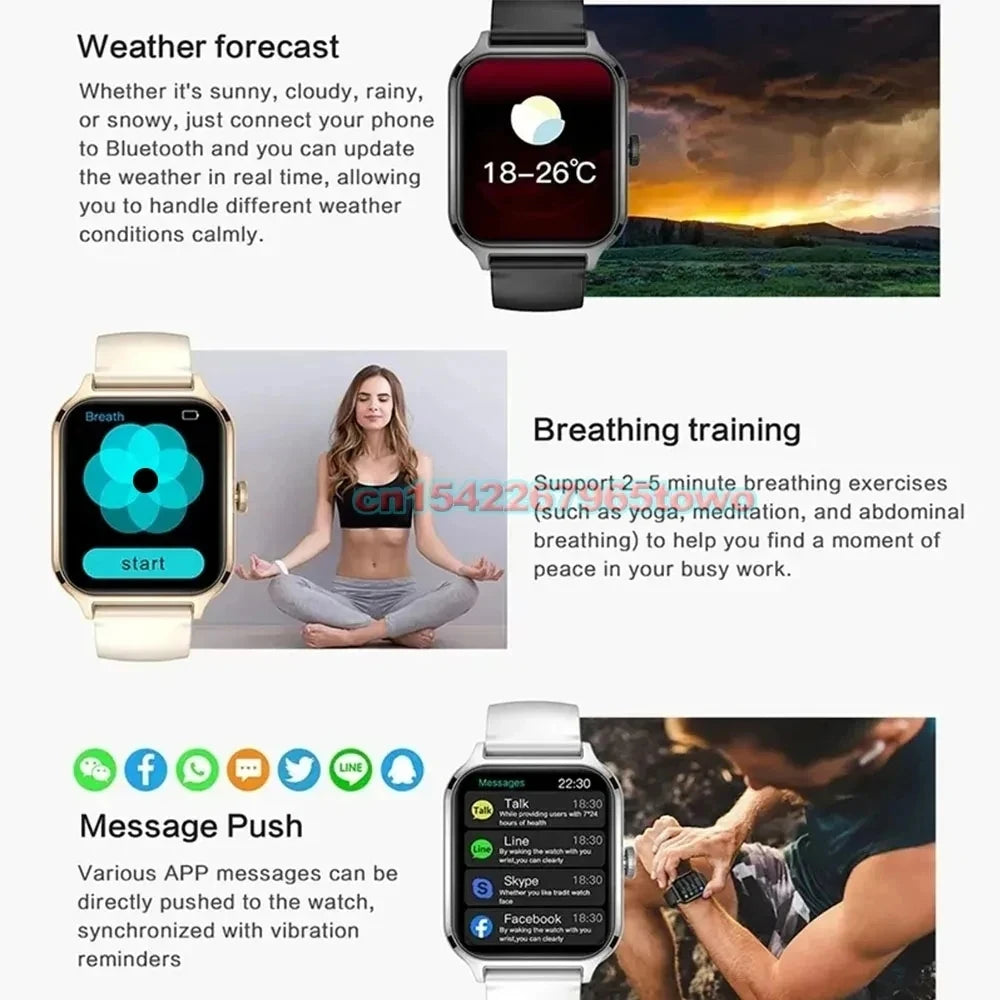 Smartwatch for Android and iOS with 1.83-inch HD display, Bluetooth calls, message alerts, music, and sports mode for men and women.