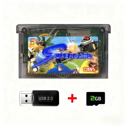 2GB Game backup device with USB flash drive and Super SD flash adapter for GBA, GBM, NDS, and NDSL gaming consoles.