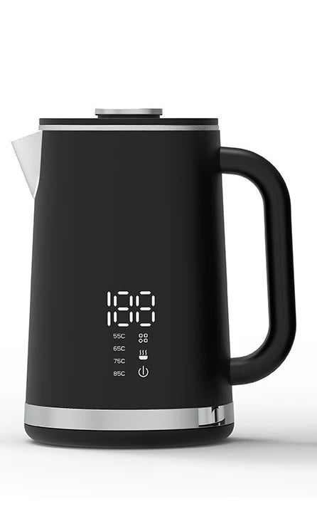 Smart thermostatic 1.7L stainless steel electric kettle with double-layer insulation and pointed spout for household boiling water.