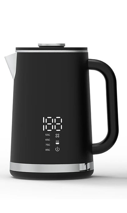 Smart thermostatic 1.7L stainless steel electric kettle with double-layer insulation and pointed spout for household boiling water.