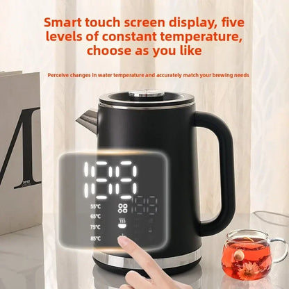 Smart thermostatic 1.7L electric kettle with stainless steel body, double-layer insulation, and pointed spout for household use.
