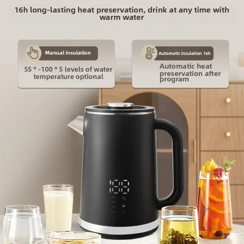 Smart thermostatic 1.7L electric kettle with stainless steel body, double-layer insulation, and pointed spout for household boiling water.