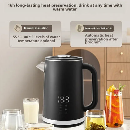 Smart thermostatic 1.7L electric kettle with stainless steel body, double-layer insulation, and pointed spout for household boiling water.