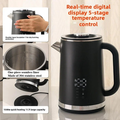 Stainless steel electric kettle with pointed spout, double-layer insulation, and 1.7L capacity for household boiling water.