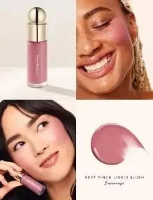 Rare Beauty Liquid Blush in porcelain, silky smooth, easy to blend, with a high-gloss finish, enhancing makeup texture.