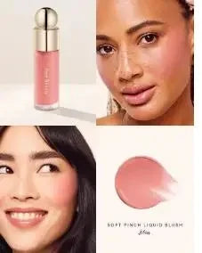 Rare Beauty liquid blush in porcelain shade, silky smooth, easy to apply, high-gloss finish, enhances makeup texture with mirrors visible.