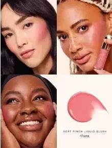 Rare Beauty liquid blush in porcelain shade, silky smooth, easy to blend, high-gloss finish, enhancing makeup texture and glow.
