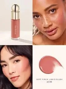 Rare Beauty Liquid Blush in porcelain, silky smooth, easy to blend, with high-gloss finish and reflective mirrors for enhanced makeup.