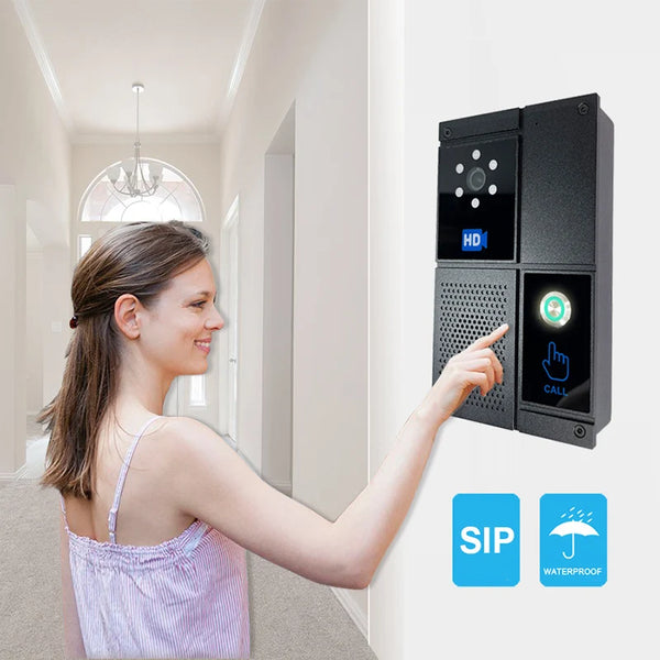 Smart SIP HD video intercom doorbell with touch screen, waterproof design, night vision, and anti-strike system for home or office security.