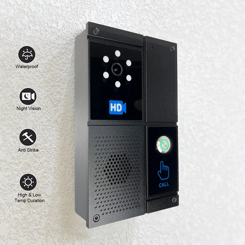 Smart SIP HD Video Intercom doorbell with touch screen, waterproof design, night vision, and anti-strike system for home or office use.