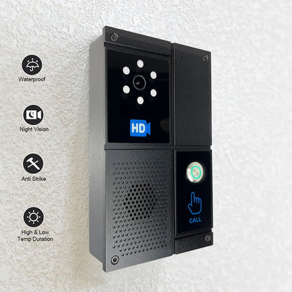 Smart SIP HD Video Intercom doorbell with touch screen, waterproof design, night vision, and anti-strike system for home or office use.