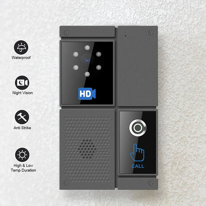 Smart SIP HD video intercom doorbell with touch screen, waterproof design, night vision, and anti-strike system for home or office use.