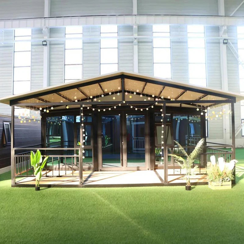 Brown customized foldable modular shipping container house by BACKUPMYFILESNOW.COM®, showing the prefab mobile villa with doors and windows.