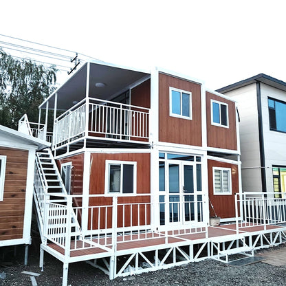 Brown customized foldable modular shipping container house by BACKUPMYFILESNOW.COM®, showcasing a prefabricated mobile villa with foldable design.