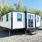 Customized brown modular shipping container house by BACKUPMYFILESNOW.COM®, showcasing a foldable prefab mobile villa with windows and door.