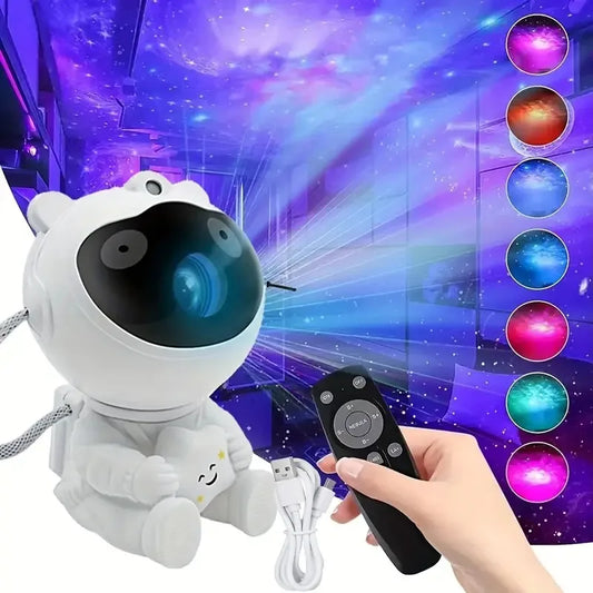 Astronaut LED star projector night light displaying a starry sky with remote control for bedroom decor and kids' gift.