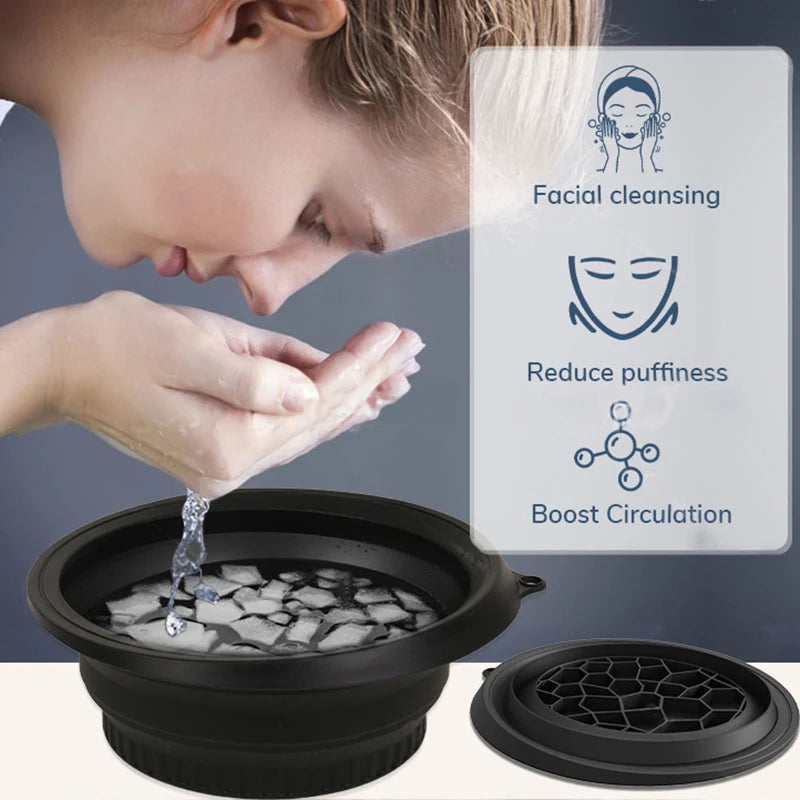 Large purple foldable silicone bowl for face ice baths and skincare routines, portable face dipping bowl for women and girls.