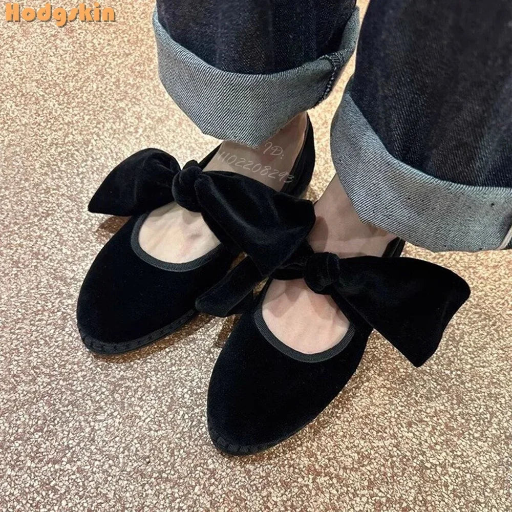 Purple velvet Mary Jane flats with butterfly knot, round toe, lace-up design, Korean style for women.