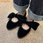 Purple velvet Mary Jane flats with butterfly knot, round toe, lace-up design, Korean style for women.