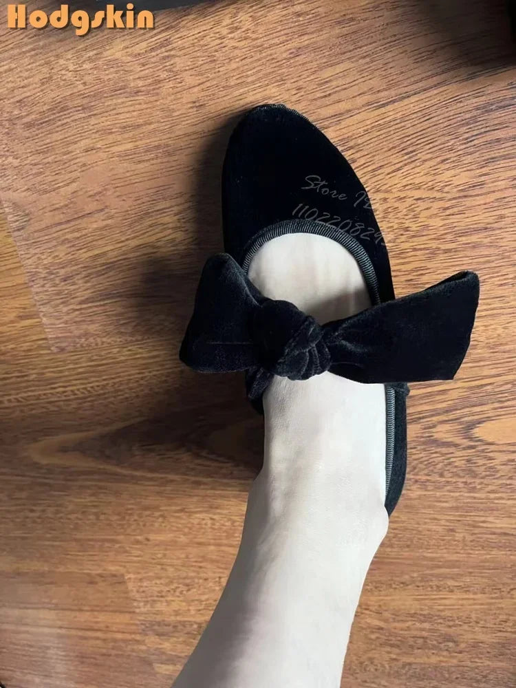 Purple velvet bow flats for women with round toe and lace-up Mary Jane style, butterfly knot detail, Korean-inspired design.