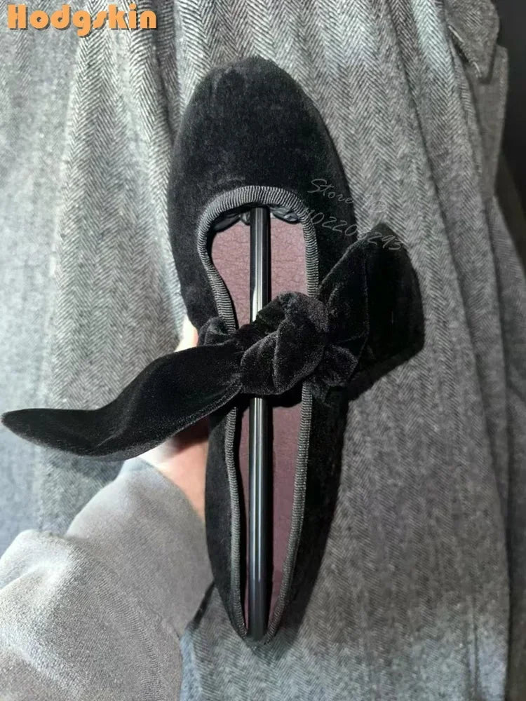 Purple velvet bow flats with retro round toe, lace-up Mary Janes, butterfly knot detail, Korean style for women.