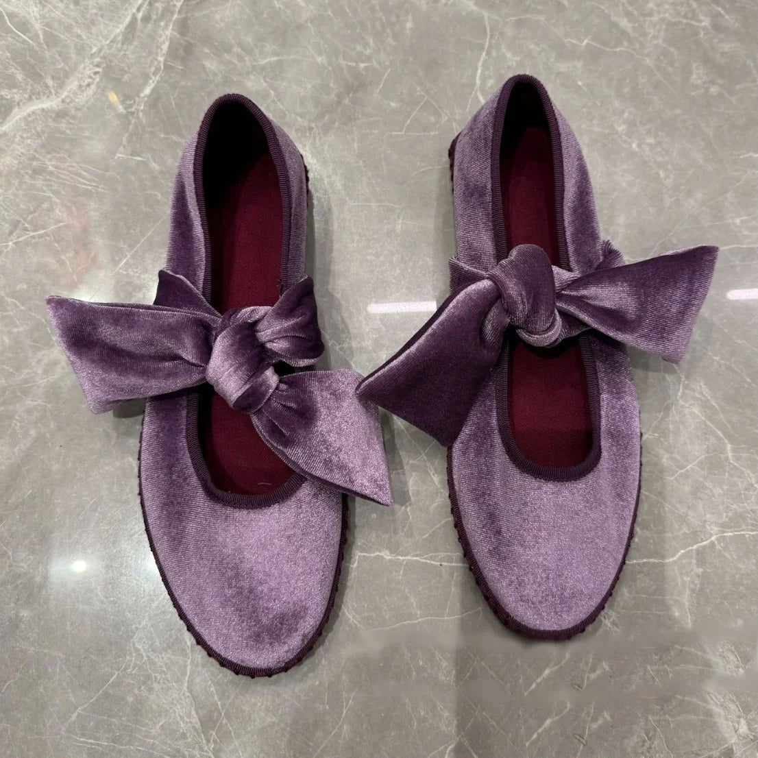 Purple velvet Mary Jane flats with bow and butterfly knot, retro round toe, lace-up design, Korean style for women.
