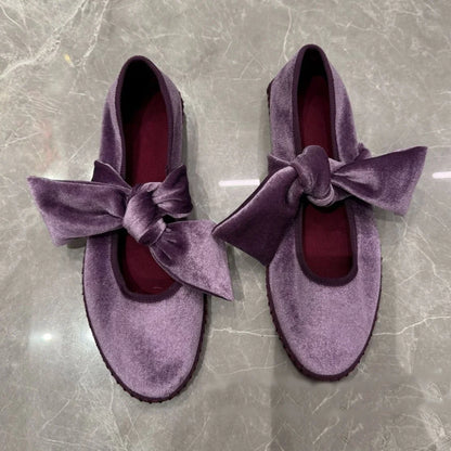 Purple velvet Mary Jane flats with bow and butterfly knot, retro round toe, lace-up design, Korean style for women.