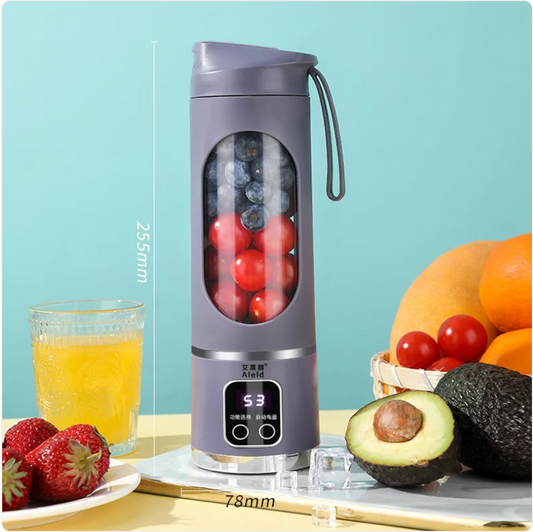 Purple portable USB rechargeable blender with 8 stainless steel blades, compact design, perfect for smoothies on the go.